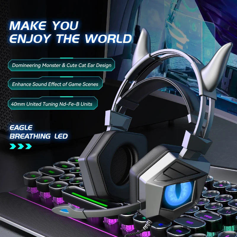 Audifonos gamer con orejas y diseño de ojo de águila con luz led  para PS4, PS5, Xbox y PC, con micrófono HD