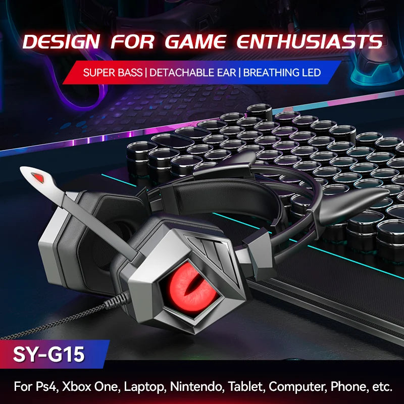 Audifonos gamer con orejas y diseño de ojo de águila con luz led  para PS4, PS5, Xbox y PC, con micrófono HD