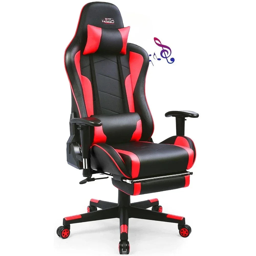 Silla de videojuegos con reposapiés, altavoces, silla de juego Bluetooth para música, silla de oficina ergonómica de alta resistencia, roja.