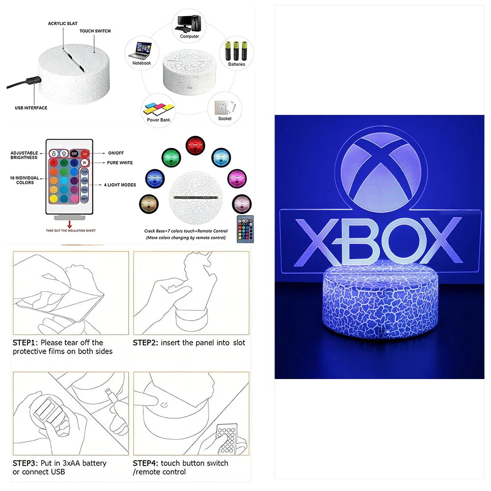 Lámpara LED 3D de Juego Luz Nocturna para la Habitación de Gaming XBOX, Iluminación de Mesa de Configuración para Jugadores, Decoración de Lámparas, Icono de Habitación, Regalos para Niños